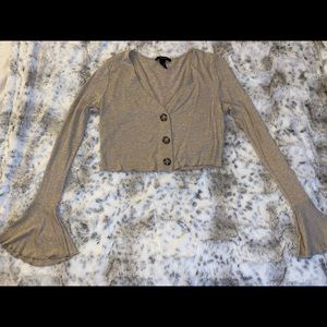 Oatmeal long bell sleeve button crop top